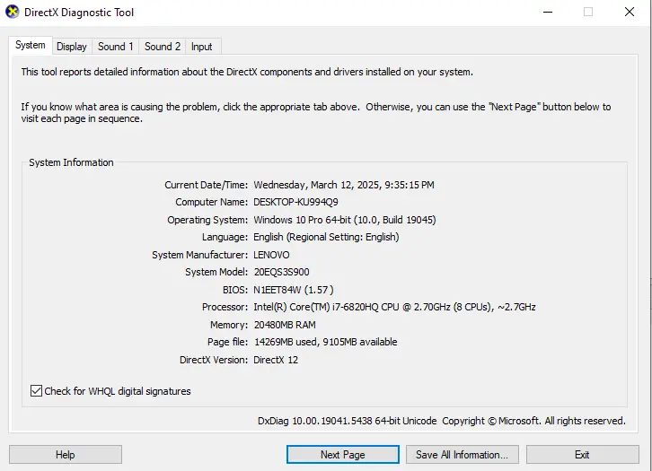 Câu hình chi tiết máy tính với lệnh dxdiag