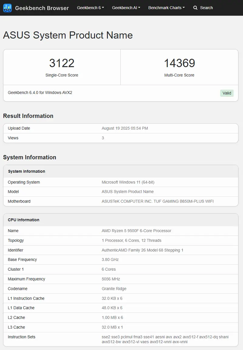 Thông số chi tiết từ Geekbench