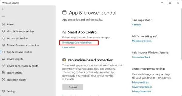 Smart App Control Setting