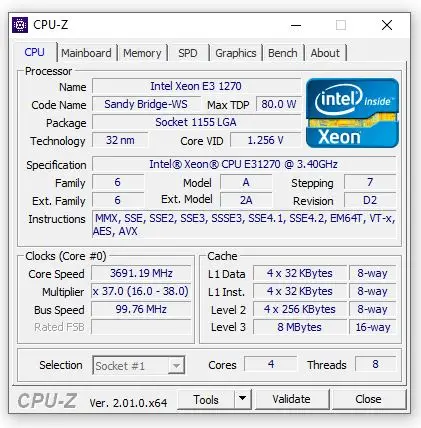 Tab CPU hiển thị thông số vi xử lý