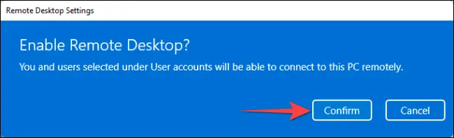 Xác nhận bật Remote Desktop Control
