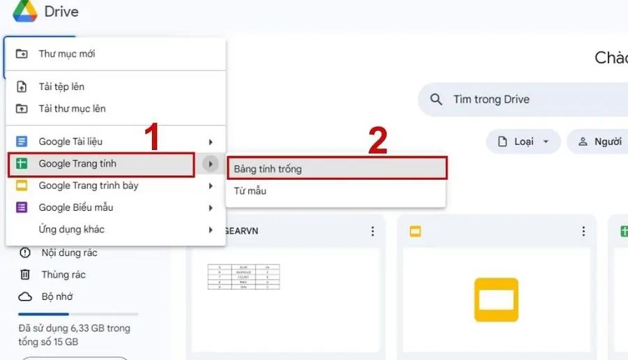 Menu Google Sheets Menu tạo bảng tính mới