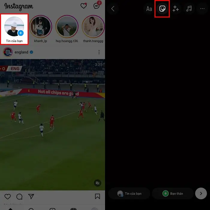 Mở camera tạo tin trên Instagram