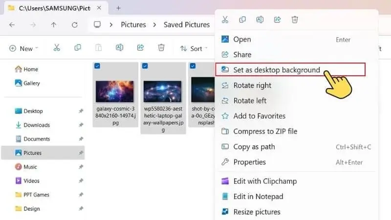 Set as desktop background Set as desktop background trực tiếp từ menu chuột phải