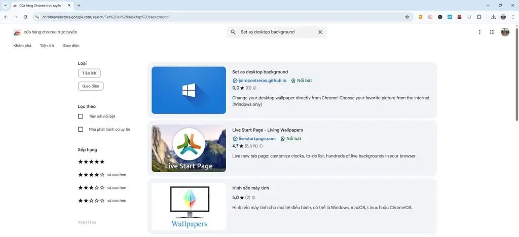 Extension Chrome Tìm tiện ích đổi hình nền trên Chrome Store