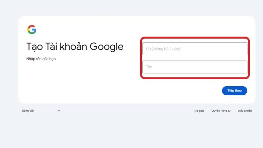 Điền họ tên đăng ký Gmail