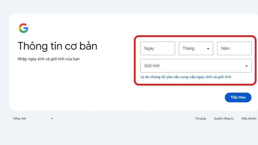 Điền ngày sinh Gmail