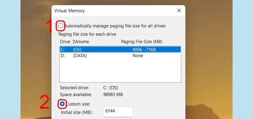 Disable Auto Manage Bỏ tích tự động quản lý RAM ảo