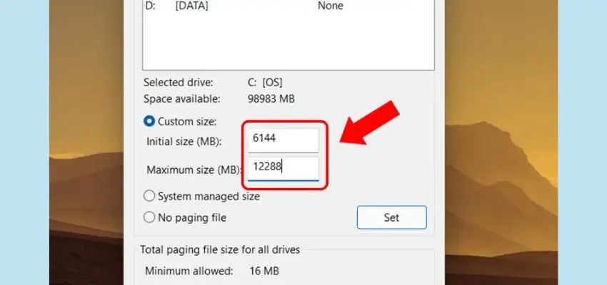 Set RAM Size Nhập thông số RAM ảo