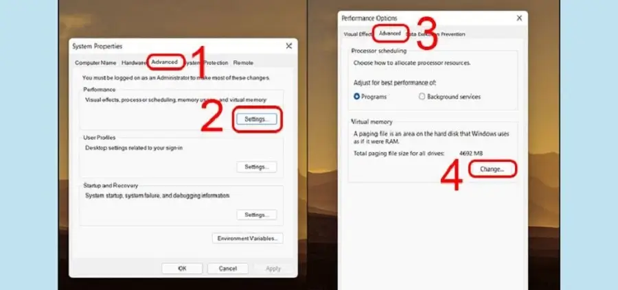 Virtual Memory Settings Cài đặt RAM ảo bước 2