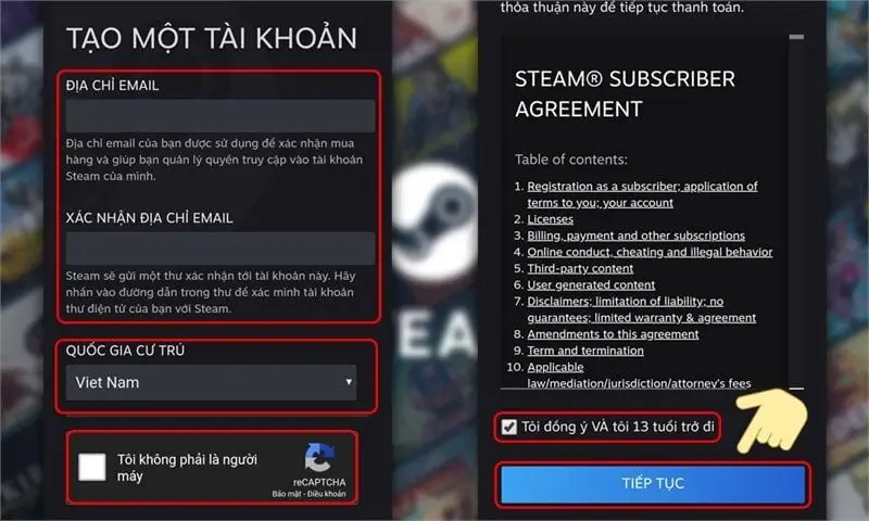 Steam Sign Up Form Điền thông tin đăng ký Steam