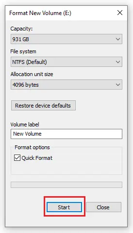 Nhấn Start để Format