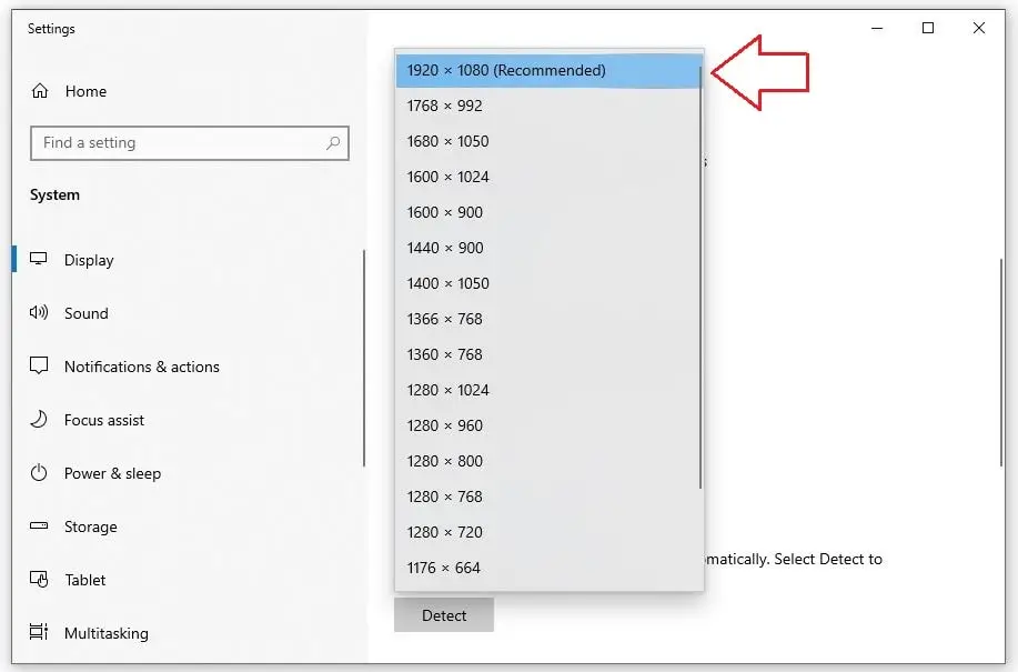 Chọn độ phân giải Recommended